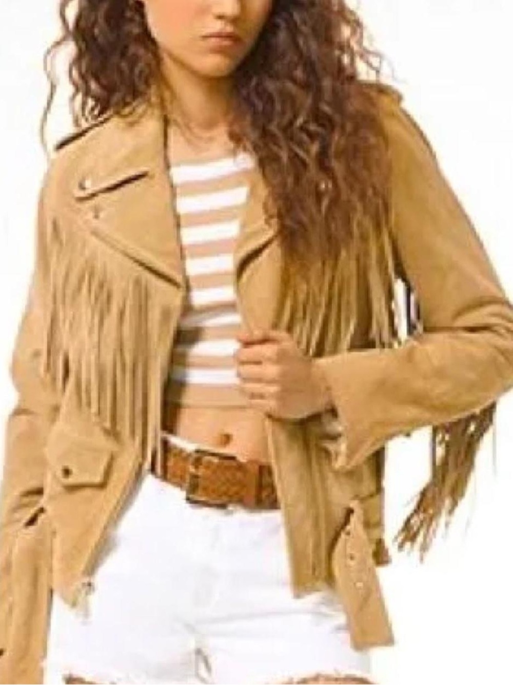 Michael Kors Tan Suede Fringe Leather Motorcycle Jacket